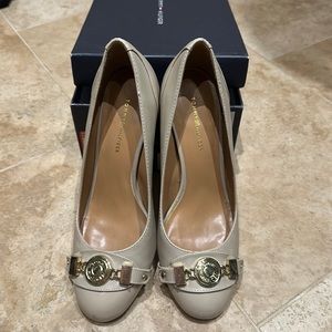 Tommy Hilfiger 3” closed toe natural color women high heels gold embellishment